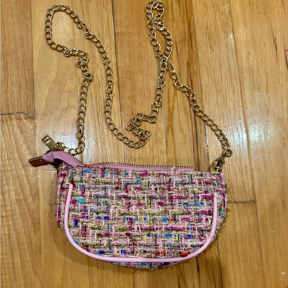 Chic Tweed Kids Crossbody Bag with Gold Chain